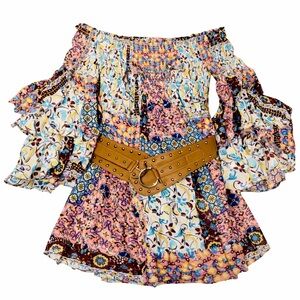 Boho Patchwork Off Shoulder Top Outfit Small | Studded Belt + Earrings